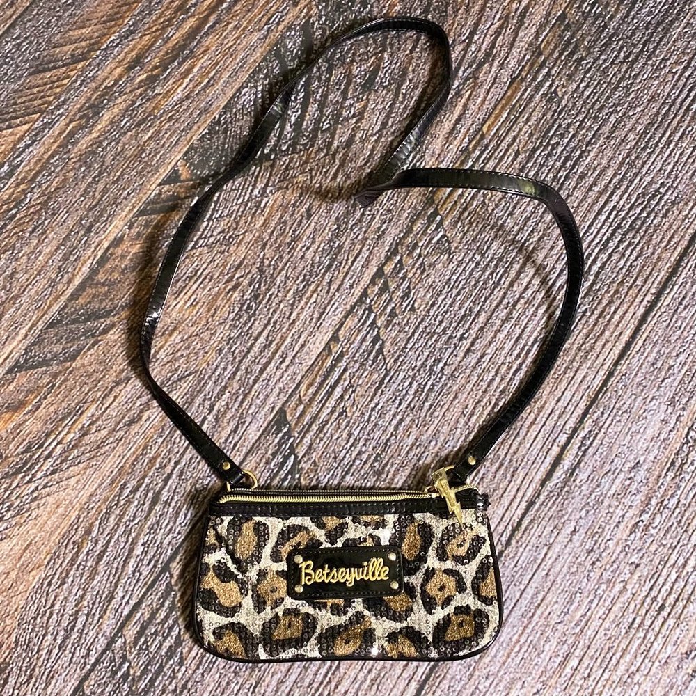 Betsey Johnson Leopard Sequined Clutch Wallet with Gold Embroidered Logo